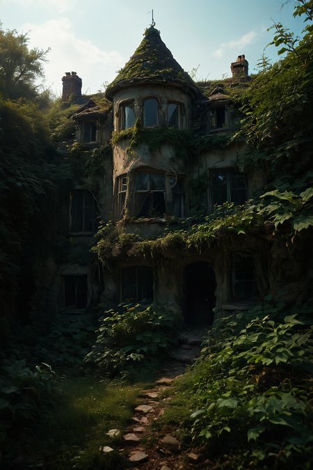A dark and creepy mansion, with broken windows and overgrown gardens, and a single light shining from one of the top windows. <lora:add-detail-xl:1> <lora:Flux-style-xl-lora:1> <lora:zavy-cntrst-sdxl:1> <lora:SDXLFaeTastic2400:1> <lora:extremely_detailed:1>