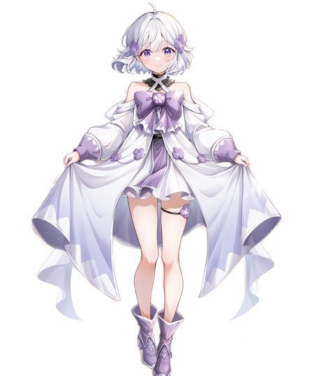 intricately detailed illustration, shiny skin, masterpiece, best quality, amazing quality, very aesthetic, newest, scenery, (volumetric lighting:1.1), full color, clear line, <lora:arte_v1:0.8>, arte, purple eyes, white hair, short hair, hair ornament, purple clover ornament, black choker, white dress, bare shoulders, purple ribbon, purple clover decoration, thigh straps, purple boots, smile, full body, simple background, <lora:cfg_scale_boost:0.7>