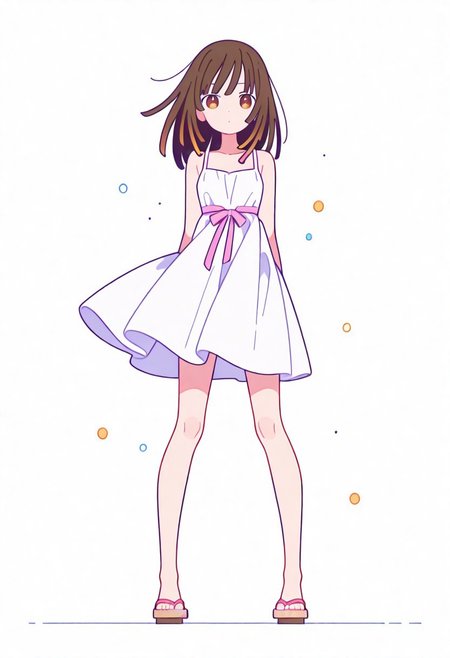 Flatline, Flat vector illustration, looking at viewer, full_body, 
nadeko, long hair, long bangs, brown hair, white dress, sundress, ribbon, bare shoulders,
slim, slender, knees, long legs, beautiful legs, barefoot, geta wooden sandals, 
from front, front view, straight-on, look at viewer, standing, (legs apart:1.4), 
white background,