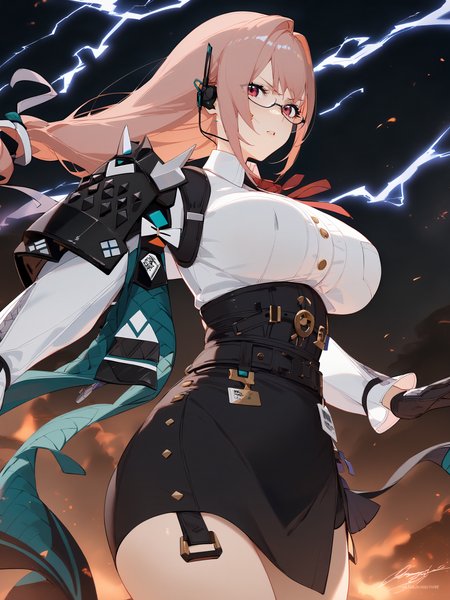 1girl, tsukishiro yanagi, solo, glasses, black gloves, high-waist skirt, white collared shirt, single pauldron, earpiece, harness, neck ribbon, cowboy shot, lightning, electricity, aura, embers, looking at viewer, floating hair, glaring, midair, fighting stance   <lora:Char-ZZZ-Yanagi-SDXL-V1:0.9>, masterpiece, best quality, very aesthetic, [<lora:detailed_notrigger:0.95>::0.5] <lora:style-XL-Nai3:1>