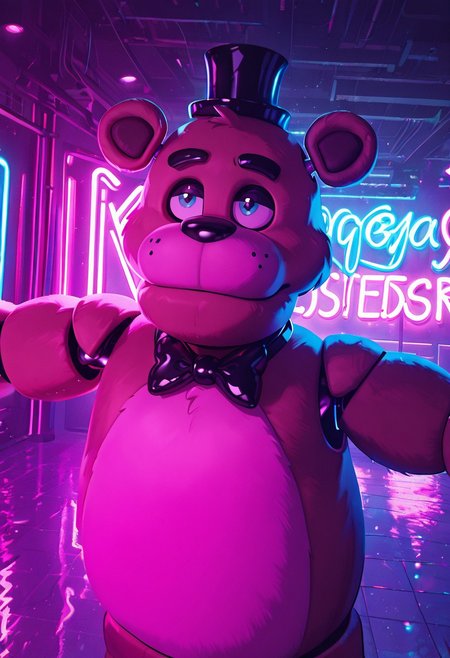 masterpiece, best quality, amazing quality, very aesthetic, absurdres, newest, detailed background,
cartoon, screencap, 
freddyit, 1boy, black mini top hat, black bowtie, bear ears, joints,  animatronic,
inside mega plex, neon lights, mega plex, upper body, spread arms, motion, closed mouth, dynamic pose, dynamic angle, pink neon lights, green neon sign, reflection,