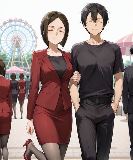 masterpiece,best quality,anime coloring,anime screenshot,
<lora:add-detail-xl:0.5>
<lora:sugar_dating:0.5>sugar_datingV1,
girl hooks her arm around the boy’s arm,amusement park, walking,
1girl, 1boy, hetero,  light smile, facing viewer,  
<lora:Yuuki_Kyouka:1>Yuuki_KyoukaV1,  
 pencil skirt,formal,
red skirt,short hair, black shirt, 
red jacket,yuuki kyouka, white background, 
simple background, mature female,high heels, 
parted bangs,  bob cut,black  pantyhose, 
kirito,