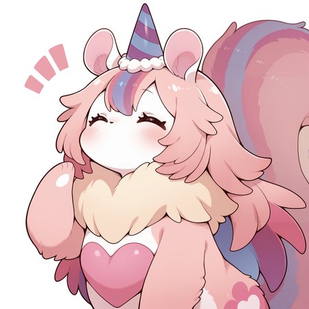 melffy mommy, party hat, closed eyes, no humans, blush, heart, solo, white background, squirrel girl, simple background, animal focus, pink fur, ^ ^, no mouth, ^^^, hand up, animal nose,
masterpiece,best quality,amazing quality,very aesthetic,absurdres,newest,<lora:Melffy Mommy illuXL v1.1:0.75>,