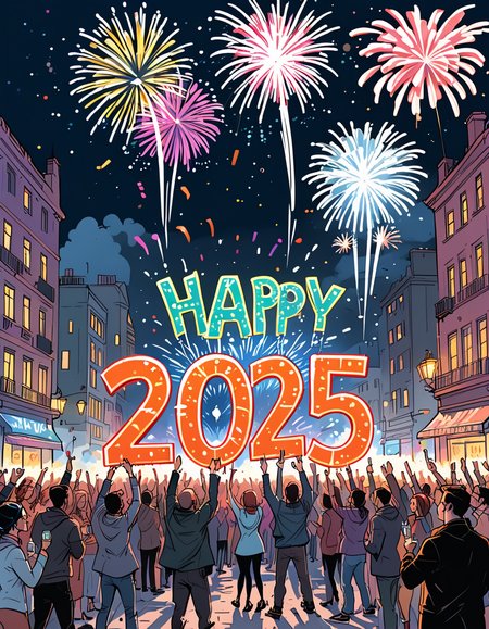 positiv Clip L:
   ink, illustration, celebration scene, with fireworks lighting up the night sky in vivid colors, a cheerful crowd gathered in a festive urban square, people holding sparkling champagne glasses, 'Happy New Year 2025' displayed in glowing letters, a joyful and optimistic atmosphere, ultra-detailed comic book style, with dynamic lighting and a polished festive aesthetic.
positiv Clip G:
   ink, illustration, celebration scene, with fireworks lighting up the night sky in vivid colors, a cheerful crowd gathered in a festive urban square, people holding sparkling champagne glasses, 'Happy New Year 2025' displayed in glowing letters, a joyful and optimistic atmosphere, ultra-detailed comic book style, with dynamic lighting and a polished festive aesthetic.