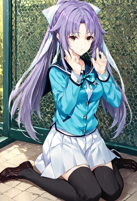 score_9, score_8_up, score_7_up, score_6_up, score_5_up, score_4_up, source_anime, 1girl, solo, 
hime, purple hair, brown eyes, seihuku, light blue uniform, light blue ribbon, white skirt, black_thighhighs, loafers, 
masterpiece, best quality, very aesthetic, absurdres,