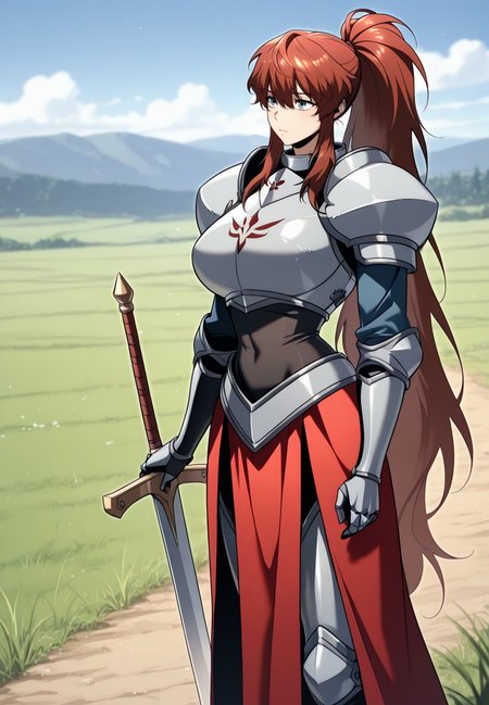 zPDXL3, score_9_up, score_8_up, score_7_up, ,Masterpiece,(perfect female body:1.2), small waist, (incredibly detailed:1.4), beautiful fingers, (large breasts:1.4), huge breasts, <lora:Eileen_Floyd_-Regressor_of_the_Fallen_Family_Kaleid_Illustrious:1> eileenfloyd, 1girl, very long hair, ponytail, blue eyes, red hair, gauntlets, boots, armor, breastplate, outdoors,