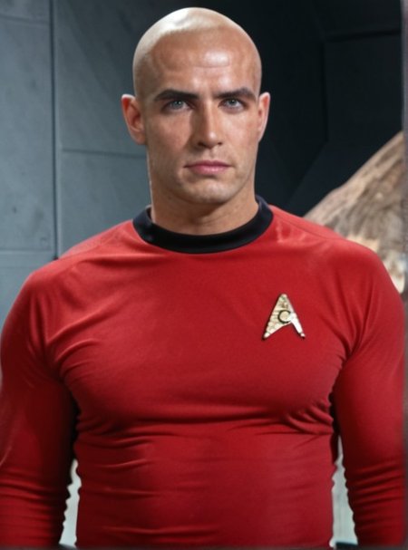 1boy, 20 year old male, Handsome, masculine, blonde, star trek, red shirt, muscle,  tall, tight shirt, wide pectorals, big shoulders, wide shoulders, muscular neck, German, bald,

stunf, star trek uniform,