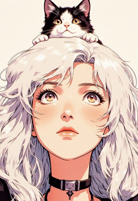 ( front wiev)a girl with white hair.  looking upwards with a calm, dreamy expression. A small black and white cat is resting on her head, peeking over her hair and looking down at her with wide eyes. The artwork has a soft, illustrative style, and the girl's lips are slightly parted, adding to the serene mood. She is wearing a choker,  long wave white hair The background is neutral, emphasizing the characters.