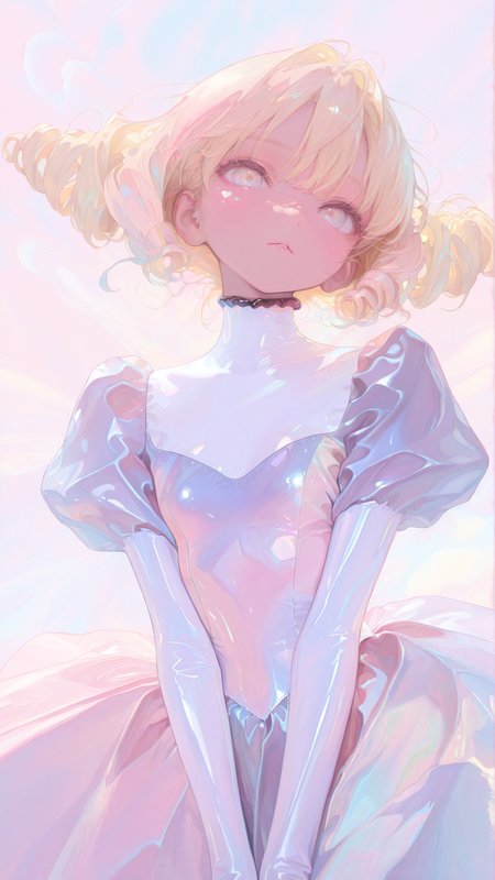 masterpiece, newest,absurdres,incredibly absurdres, best quality, amazing quality, very aesthetic, pastel colors, abstract background, surreal, 
1girl, shiny blue latex, blonde hair, drill hair, multicolored dress, 
 <lora:HassaKu_style:1>HassaKu_illu