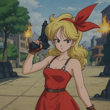 Outdoors, trees, blue sky, mountains, source_anime, source_cartoon, Thick outlines, 80s style anime filter, 
launch bad, blonde hair, long hair, curly hair, green eyes, red dress, mini skirt, fierce look, bare shoulders, holding uzi, shooting gun, gunfire,