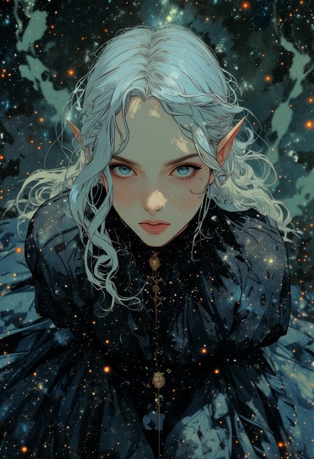 Top-down zoomed-in view of an elegant elf girl, her delicate face occupying most of the frame. She gazes downward with an ethereal expression, her long, silver-white hair flowing gracefully. Her pointed ears peek through the strands, subtly glowing with a soft light. Below her face, her standing body is visible but blurred, creating a dreamy depth effect. She wears a long, flowing black dress, almost like a wedding gown, but infused with cosmic beauty—its fabric shimmers with galaxies, distant nebulae, and sparkling stars, resembling a living night sky. The background is softly diffused, enhancing the mystical and surreal atmosphere, with a faint celestial glow outlining her figure.