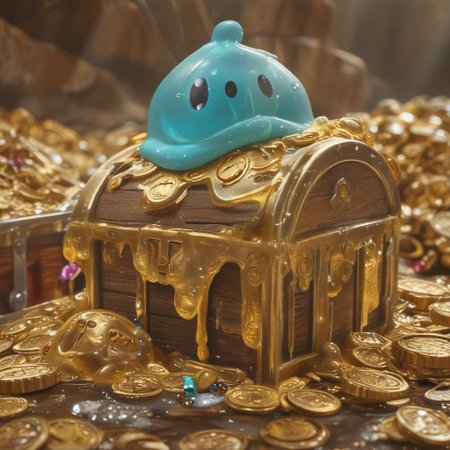 chalice made out of slime, fancy cup made out of slime, fancy chalice made out of slime, Detailed chalice made out of gold slime, Gem-studded slime chalice, multi-colored gems made out of slime, in a room of treasure made out of slime,  gold coins and bars made out of slime, wood-like treasure chest made out of slime, wood-colored slime chest, 
treasure-room, treasure, treasure chest, gemstone, coins, gold bars, gold pile, 
everything made of slime, No simple background,
((translucent slime)), ((transparent slime)), (bioluminescent slime), sl1m3, slime, ais-blmn, watce, je11y, thickwater, great lighting, ral-lava, even lighting, no bright spots,