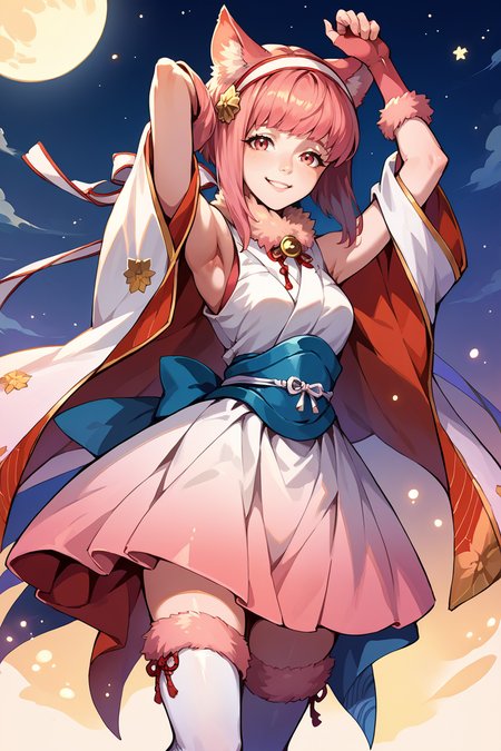 score_9, score_8_up, score_7_up, score_6_up, source_anime, 1girl, solo, <lora:fesakura-pdxl-nvwls-v1-000008:1> halSaku, pink hair, short hair, cat ears, white hairband, fur collar, bell, bare shoulders, blue sash, skirt, gradient clothes, fur trim, fingerless gloves, fur-trimmed thighhighs, cat tail, looking at you, night sky, smile, arms up, moon