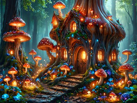 a fairy house surrounded by giant glowing mushrooms,  8k, masterpiece, vivid colors, dramatic lighting <lora:dvr-mthng-sdxl:1> dvr-mthng-sdxl <lora:addMoreDetails:1> Ultra details++ , add more details