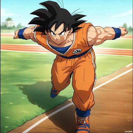 N4RUT0RUNv1, Source_anime, (Dragon Ball Z), ((score_9)),score_8_up,score_7_up,score_6_up,score_5_up,score_4_up, solo, 1boy, (Goku), black hair,  source_DBZ, track_suit, running, arms behind back, arms straight, muscular male, intense, dynamic pose, meme, outdoors, wilderness, detailed background, green grass, orange dirt, stones