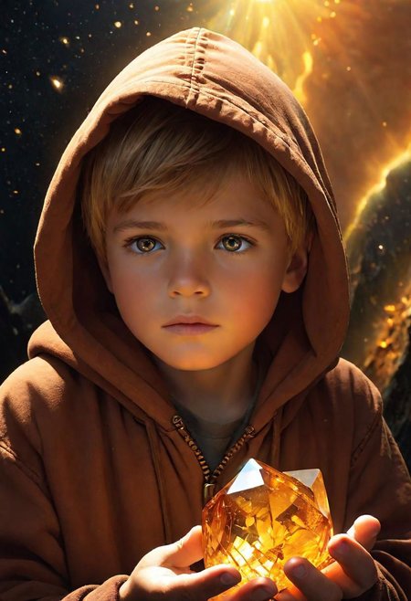 For every dream realised,
A hope has to be crushed.
A boy an amber hood holds an amber crystal, no background, stunning, something that even doesn't exist, mythical being, energy, molecular, textures, iridescent and luminescent scales, breathtaking beauty, pure perfection, divine presence, unforgettable, impressive, Volumetric light, auras, rays, vivid colors reflects
in Saroj Sahu Style, Contentmentism