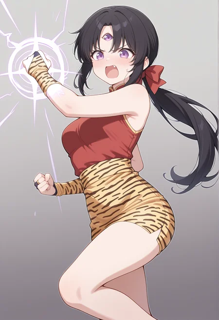 1girl. black hair, parted bangs, long hair, sidelocks, low ponytail, hair bow, third eye, purple eyes, bare shoulders, chinese clothes, bare legs, bare arms, angry, casting spell, open mouth, fang, bare shoulders, pencil skirt, bridal gauntlets, tiger print,<lora:Pai_3x3_eyes:1>, masterpiece, best quality, amazing quality, very aesthetic, absurdres, highres, newest
