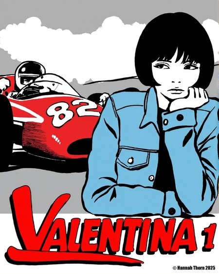A digital illustration of a woman with a bob haircut, wearing a blue denim jacket, leaning on her left arm. The woman has a serious expression and is positioned in the center of the image. The background shows a red racing-car  with the number 82 on it. The background is a grey and white gradient. The text "Valentina 1" is written in red at the bottom. The style is bold and stylized, with a focus on bold lines and vibrant colors.<lora:_Flux\Crepax_Valentina.safetensors:1.0:1.0>