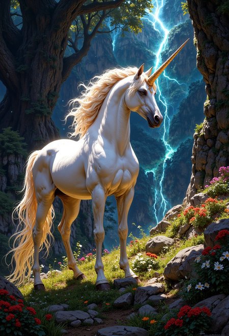 In the vibrant Feywild, a majestic unicorn glistens with ethereal beauty. Its ivory mane flows like a river of moonlight, and its silver horn gleams with a radiant glow. The creature stands in a lush, enchanting forest, surrounded by shimmering wildflowers and magical light. This stunning painting captures the essence of fantasy and wonder, inviting viewers to lose themselves in the captivating world of the Feywild.