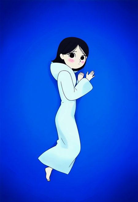 zPDXL3, source_cartoon, Perfect Hands, full body,
1girl, solo, under the sea, looking at viewer, saoirse, black hair, black eyes, blush, ghost, hood up, robe, barefoot, glowing, lying under the sea, from above, lying on side, facing at viewer, feeling cold, eyes open, emotionless, closed mouth, sleeve past wrist, slim body, long body, highlight cloth wrinkle, anime style face, seals nearby, playing shell, dark blue background,
<lora:Perfect Hands:1>  <lora:Saoirse_-_The_Song_of_the_Sea-000009:1>