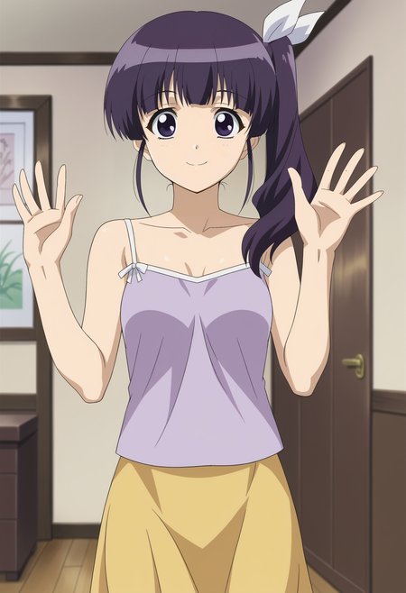 <lora:Koyomi_Hare_Nanaka-Girls_Bravo:0.8>,1girl,solo,Koyomi Hare Nanaka,long hair,side ponytail,purple hair,purple eyes,bangs,ribbon,anime coloring,camisole,skirt,cowboy shot,waving,looking at viewer,indoors,smile