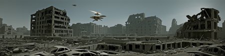 a detailed scaled (small spacecraft hovering over) a modern building in front of a (city in ruins:1.2).
 <lora:Wasteland:0.50> Wasteland, the, and, with, wasteland, background