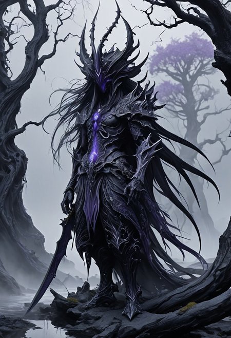 ICreate a full-body image of a dark elf warrior in a haunting, mysterious landscape. The warrior is clad in obsidian-black armor with intricate silver and deep purple etchings that seem to absorb and reflect light in unnatural ways. Their skin is pale ash-gray, with piercing violet or silver eyes that glow with an inner, unsettling luminescence. Long, jet-black hair flows like liquid shadow, slightly moving as if caught in an ethereal breeze.
The magical sword is crafted from a material that looks like twisted darkness - a blade that seems to absorb light rather than reflect it, with faint, ghostly runes that whisper and shift when not directly looked at. Spectral tendrils of midnight-blue and deep purple energy curl around the blade.
The surrounding landscape is a nightmarish realm of twisted, petrified trees with bone-white bark, their branches reaching like skeletal fingers. Thick, opalescent mist rolls across the ground, concealing and revealing strange, half-glimpsed shapes. In the distance, impossible geometric structures of dark crystal rise at unnatural angles, defying gravity and perspective.
Subtle visual effect