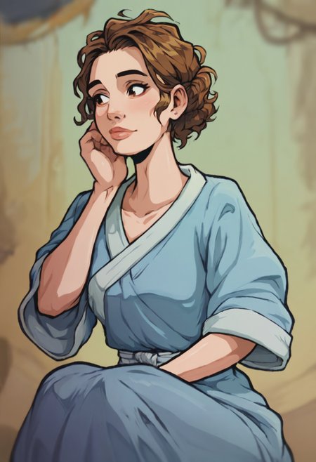 score_9, score_8_up, score_7_up, 1girl, portrait, solo, Kneeling with head bowed, from_below, (Baby blue Robe), Chestnut Brown hair, cowboy_shot, rating_safe, <lora:pony\artist_styles\akabur_pony:1.0>