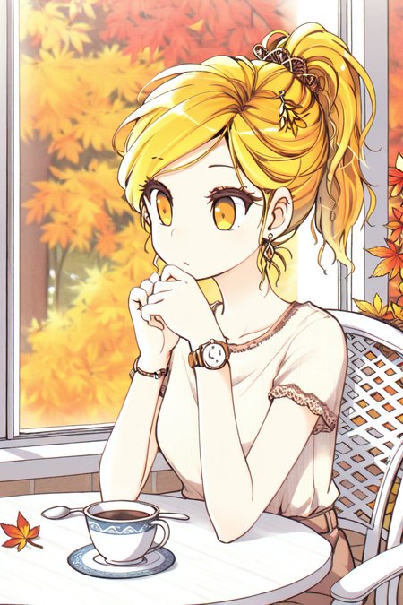 masterpiece, best quality, amazing quality,
 <lora:CrzNghbr_IL:1> crznghbr, 1girl, solo, watch, blonde hair, sitting, leaf, chair, wristwatch, maple leaf, cup, alternate hairstyle, alternate costume, jewelry, coffee, earrings, ponytail, table, teacup, contemporary, autumn leaves, spoon, hair ornament, window, yellow eyes, autumn