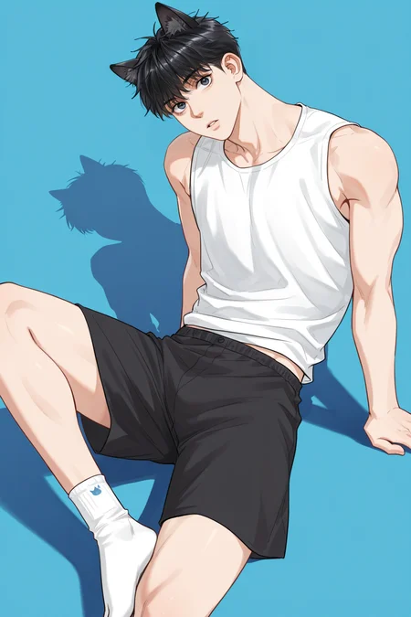 <lora:STS-IL:0.9>,wuyv,black hair,black eyes,1boy,solo,looking at viewer,cat ears,,sleeveless shirt, white shirt,black shorts,white socks,parted lips,bara,male focus,very awa,masterpiece,best quality,amazing quality,nsfw,uncersored,highres,best quality,amazing quality,best aesthetic,absurdres,