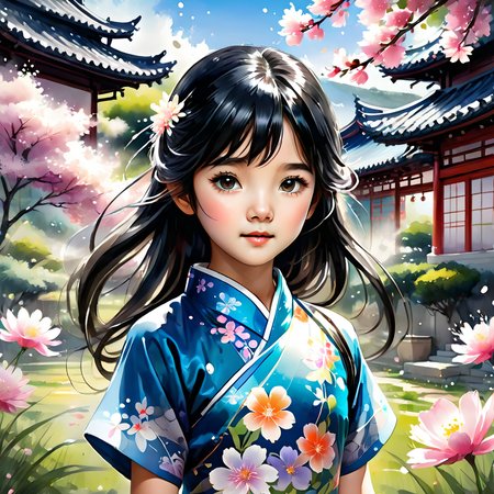 ink splashing,semi realistic, 2d game scene,oil and watercolor painting,
 <lora:fantasy_world:1>ï¼
(((child,little girl ,little girl face,cute,yong))), upper body,((((black hair)))), (solo:1.5), ((extremely?detailed)), ((detailed face)),(((masterpiece))), (((best quality))),(((extremely delicate and beautiful)))), ultra-detailed, (((beautiful detailed eyes))),(((qipao))), (cheongsam),  smile, long hair,? beautiful?detailed?eyes, beautiful?detailed?hair,((( flying petals))),  ((((floating hair)))) ,(((flowing))),clear face,garden,grassland,flowers