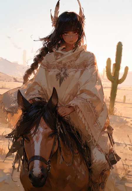 masterpiece, best quality, very aesthetic, absurdres, ambient light, soft light, SagawaStyle, Rapscallionstyle,
high brightness, sunlight, 1 girl , solo , poncho , cowboy hat , voluptuous , riding horse, native american, tanned skin, face painting, trical tattoo, feather crown, cross_hairs ,braided long hair , dark hair, looking at viewer, dessert background, cactus, dune, masterpiece, best quality , side lighting, 
high detail, soft shadows