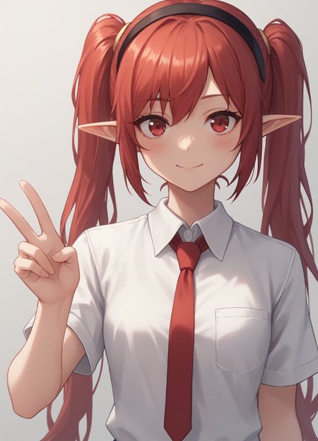 source_anime, score_9, score_8_up, score_7_up, score_6_up, score_5_up, score_4_up, 
1girl, solo, long hair, looking at viewer, blush, smile, shirt, red eyes, twintails, upper body, white shirt, short sleeves, red hair, hairband, necktie, pointy ears, v, red necktie,
<lora:bugbugXL:1>