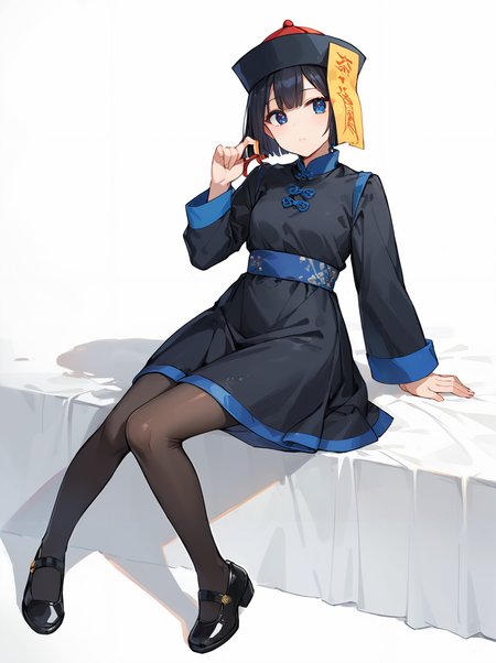 score_9, score_8_up, score_7_up,source_anime, high res image,masterpiece,best quality,(girl:1.0),cute face,clear skin,shiny hair,ultra detailed eyes,simple background  <lora:jiangshi_pony_V1.1:0.7> jiangshi, hat, black dress, ofuda, black pantyhose, shoes