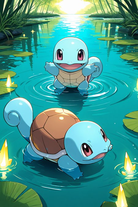 masterpiece, best quality,   <lora:SquirtlePokedexIXL:1.0>,  zzSquirtle,   swimming through a crystal-clear pond, joyful pose, glowing water ripples, serene and tranquil atmosphere, soft lighting, detailed water effects