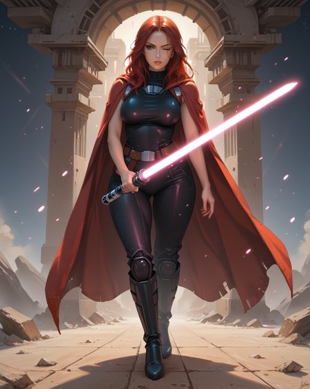PonyScores7, source_anime, ah1, 1girl, long hair, mature female, (parted hair:1.7), (curvy), round-chin, caucasian, skindentation, thick thighs, wide hips, busty, voluptuous, lips, bad-hands-5, <lora:venus body PonyXL:0.6>, <lora:xl_more_art-full_v1:0.3>, <lora:shinyskin2:0.3> glistening skin, <lora:aesthetic_anime_v1s:0.3>, <lora:Expressive_H:0.3> Expressiveh, <lora:hairdetailpxl:0.3> hairdetailpxl, <lora:EpicF4nta5yXL:0.3>, <lora:detailxl:0.3> detailxl, <lora:Fant5yP0ny:0.3>, best quality, amazing quality, best aesthetic, absurdres, <lora:expressive eyes:0.3> expressive eyes, <lora:eyedetailpxl:0.3> eyedetailpxl, illustration, Volumetric_Lighting, ultra-detailed, very aesthetic, intricate details, 8k, masterpiece, best_quality, (one eye closed), (Street Photography Perspective shot), (Elemental Control, Hands extended, showcasing control over fire, ice, or other elements,), <lora:Eyes_High_Definition:0.3> EyesHD, looking at viewer,  Stable_Yogis_PDXL_Positives, AS-Adult, <lora:Mara_Jade_Skywalker:0.8> Mara Jade, Red hair, green eyes, black high heeled boots, (a double-bladed lightsaber with red blade), (long dark cloak, sleeveless leather cat suit), in spaceship , at dawn, star_wars, <lora:Plasma_Sword:0.8> Plasma Sword, Holding Plasma Sword