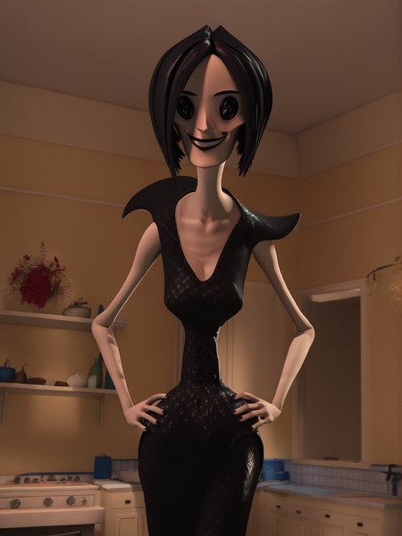 <lora:The_Beldam_Other_Mother:1>,3d,Beldam,button eyes,1girl,black hair,short hair,dress,cowboy shot,hands on own hips,looking at viewer,smile,indoors