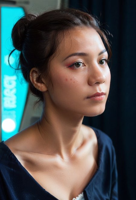score_9, score_8, score_7_up,BREAK,portrait, 3/4 view, realistic, analog photo, beautiful and aesthetic,BREAK, 1 female, solo, latina, asian, latina-asian mix, blasian,{round|oval|square|heart-shaped|diamond|oblong|inverted triangle} face shape, pinup pose, neon lighting, cyberpunk city background, stunning lighting, dramatic lighting