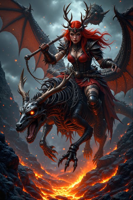 A hyper-realistic portrait, photorealistic photo close-up image of A young female berserker with fiery red hair, dark freckled skin, and a scar running down her left cheek rides a skeletal wyvern, its empty eye sockets glowing with an eerie blue light. Sheâs dressed in torn, crimson furs and wields a massive, spiked club in one hand, her other hand gripping the reins made of braided leather. The wyvernâs wings are tattered but strong, and it soars over a bubbling lake of molten lava, the heat casting an orange glow on their skeletal forms. The berserkerâs eyes burn with fury as the wyvernâs bony claws stretch out, preparing to land on a narrow outcrop of rock. The lava bubbles and spits below them, reflecting the intensity of the scene. Her helmet, adorned with the antlers of a stag, frames her wild, determined face. The lavaâs bright glow contrasts sharply with the dark, stormy sky above, creating a chaotic, otherworldly scene. The side view shows the pair mid-flight, caught between life and death.(photography, high-resolution, dynamic, energetic,hyper-realistic, dramatic lighting, shallow depth of field.), detailmaximizer, MythP0rt<lora:midjourney_whisper_flux_lora_v01:0.55><lora:aidmaMJ6.1-FLUX-V0.1:0.4><lora:FluxMythP0rtr4itStyle:0.4><lora:detailed_flux_ntc:2.2><lora:aidmaImageUpgrader-FLUX-V0.1:0.65>