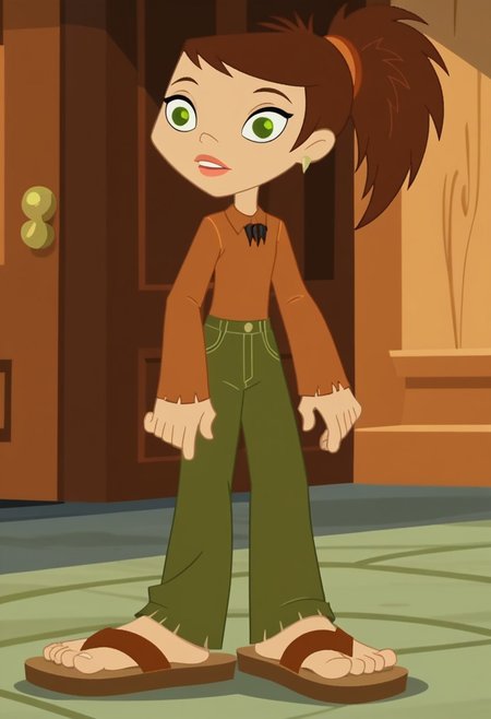 score_9, score_8_up, score_7_up, 1girl, solo,
long-sleeved brown sienna shirt, olive green pants, brown hair, green eyes, sharp ponytail, sandals
woods background,perfect hands, show accurate, perfect anatomy, perfect feet,