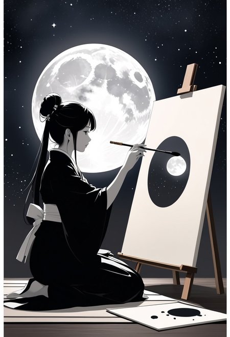 ink brush art, Japanese style; minimalist, Queqiao, Qixi, silhouette , ancient,
,
female artist, painting, moon, monochromatic, black and white, abstract, ink splashes, large canvas, night sky, crescent moon, contemplative, serene, creation, brush, silhouette, artistic process