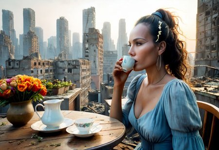A post-apocalyptic scene. It is a dark night on the rooftop garden of a skyscraper. A beautiful young woman sits at a dinner table drinking tea from a fine china cup; a bouquet of flowers sits in an old chipped vase in the centre of the table. A large pale blue moon hangs over the scene. The viewer can see a vast, ruined futuristic city sprawling below; many of the buildings in the background have partly collapsed and are in ruins. Fires burn in many of the buildings, casting an eerie light over the scene. The woman is wearing a tattered, dishevelled, threadbare, dirty old dress.
extremely detailed face and eyes.
The woman is wearing a threadbare and dirty old dress. Photorealistic, highly detailed, 4k, colourful.
zoom out, 
Award-winning photography, smooth, hyper-detailed, photorealistic, clean sharp focus, dynamic angle, dynamic composition, stunning, professional shadow grading, golden ratio, full-length shot, photograph.