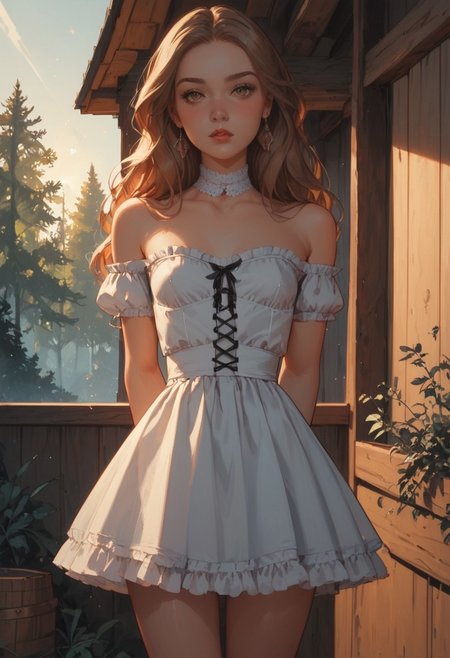 8K, depth of field, focused subject, masterpiece, best quality, amazing quality, very aesthetic, 
score_9, score_8_up, score_8,
1girl, 23 years old, solo, 
detailed, perfect, expressive,  perfect white porcelain fair skin, brown eyes, long flowing red hair, small perky breasts, (tiny waist, slim waist:1.3),  flat stomach, sexy thighs, full round butt, 
sophisticated, intelligent, seductive, aroused, loving, kind, masterpiece, Expressiveh, dynamic angle, high quality, solo, myrtlewal, off shoulder white blouse, purple skirt, corset, arms crossed, looking at viewer, blushing, forest, cabin, medieval setting, detailed scenery, commix style, sun rays, dynamic lighting, dynamic lighting, cinematic lighting
