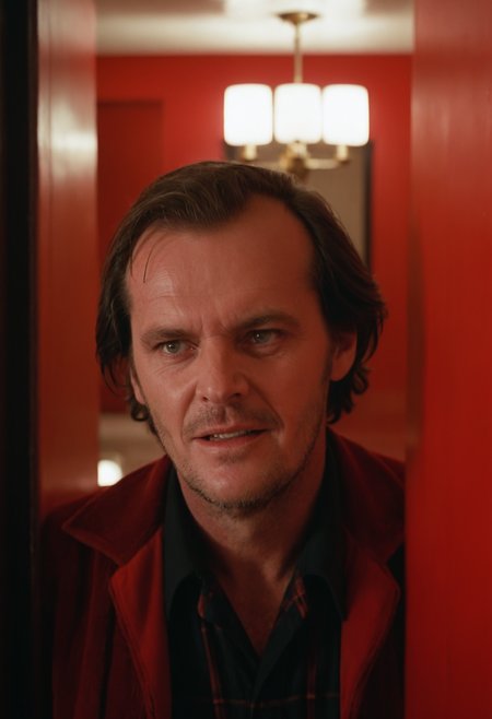 Jack Torrance, indoors, Overlook Hotel, red bathroom, closeup, CineShining, highly detailed, 4K, (stylish grainy analog 35mm film photo)