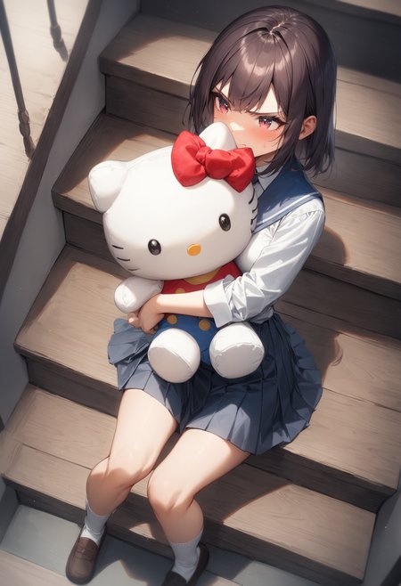 1girl, <lora:sdxl2-flat2-512b:-1>,medium breasts,school uniform,
hello kitty, stuffed toy, holding,holding stuffed toy,<lora:hellokitty_XL_v1:0.7>
from above, cinematic angle, looking to the side, angry, stair landing, closed mouth,
masterpiece, best quality, very aesthetic, absurdres
