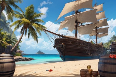 (illustration:1.2), (beautiful caribbean beach pirate landscape), fantasy, sharp focus, (ultradetailed), (ship galleon:1.2), pirate (village), leafy beach coast, (treasure chest with coins, gems and jewels, rum barrel, best quality masterpiece, bright sunny sky, backlight, natural lights, high contrast, hdr, shadows, pretty, beautiful, (PirateDiffusionprt:0.5), <lora:Pirate:0.3> PrateT <lora:PirateRealms:0.3> <lora:Detail Tweaker LoRA add_detail:0.7> <lora:depth_of_field_slider_v1:5> <lora:SDXLrender_v2.0:0.8>