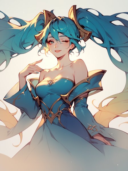 score_9, score_8_up, score_7_up, SonaNormal, 1girl, solo, golden hairpins, long turquoise hair, two tails hairstyle, long blue dress, two colored hair  <lora:SonaNormal:1>