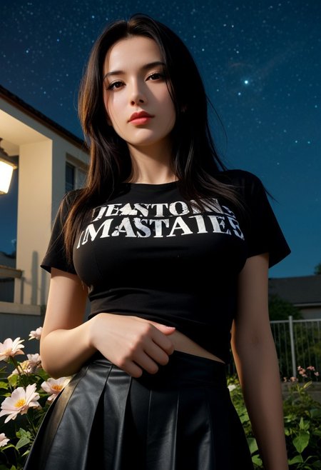 score_9, score_8_up, score_7_up, score_6_up, 
photo, 2000s nostalgia, cinematic, AdrianoStyle, flowers background, god rays, (1girl 25years old, wakoto, black hair, long hair, brown eyes, lips), ((black t-shirt:1)), ((black mini-skirt:1)), belly, large breasts, dynamic angle, cinematic angle, looking at up, rooftop, fence, night, starry sky, masterpiece, best quality, very aesthetic, absurdres, ultra detailed, high resolution, 4k, extremely detailed CG, Expressiveh, low angle, under thigs shot,