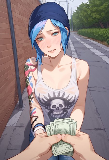 Score_9_up, score_8_up, score_7_up, BREAK, pov, 1girl. chloe price, dark blue beanie, tank top with skull, arm tattoo, shy, blushing, moneytime, handing over money, night time, dirty street, Expressiveh