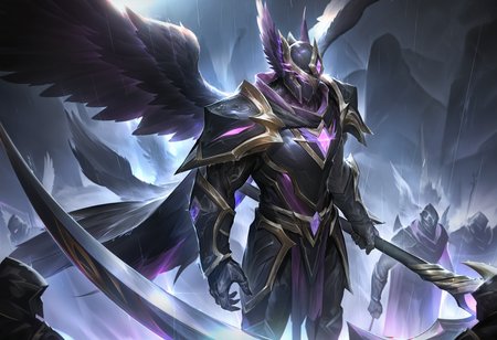 lolart,SpTASIL, 1boy, black cape, black wings, breastplate, feathered wings, feathers, full armor, gauntlets, glowing eyes, helm, helmet, holding polearm, holding scythe, holding weapon, male focus, multiple others, outdoors, pauldrons, pink eyes, purple eyes, rain, shoulder armor, solo focus, standing, vambraces <lora:lolart-ill11-v5.1:0.8000000000000002>